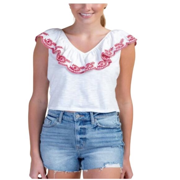 NWT Francesca's Mi ami White W/Red Embroidered Detailed Eyelet Top - Picture 1 of 10